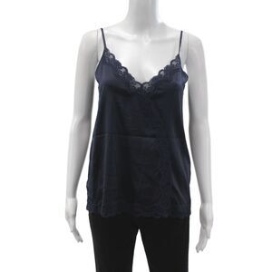 Max & Moi Womens Silk V Neck Lace Tank Top Solid Blue Sleeveless Size 38